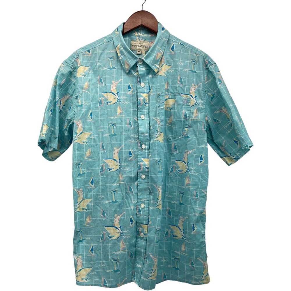 Tipsy Elves Mens XL Blue Boat Pattern Sharks Button Down Shirt